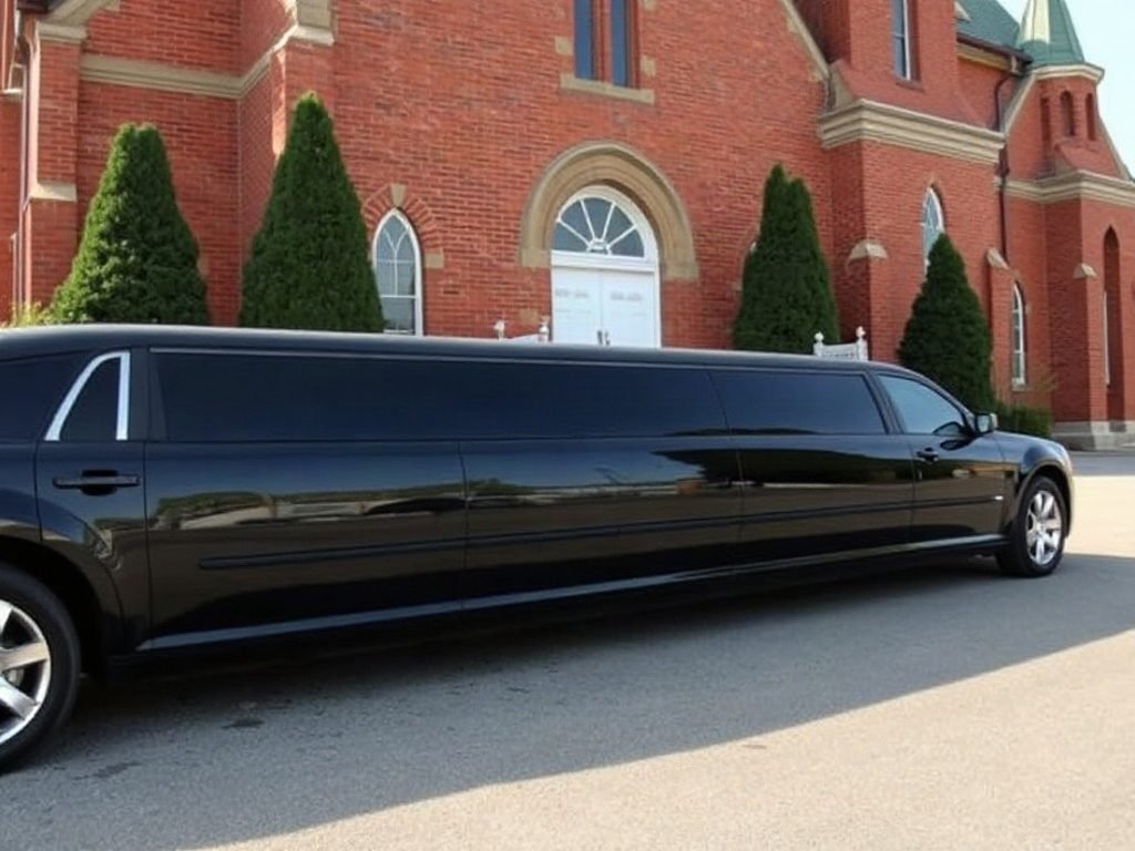 Black stretch limousine parked outside a red brick church on a wedding day