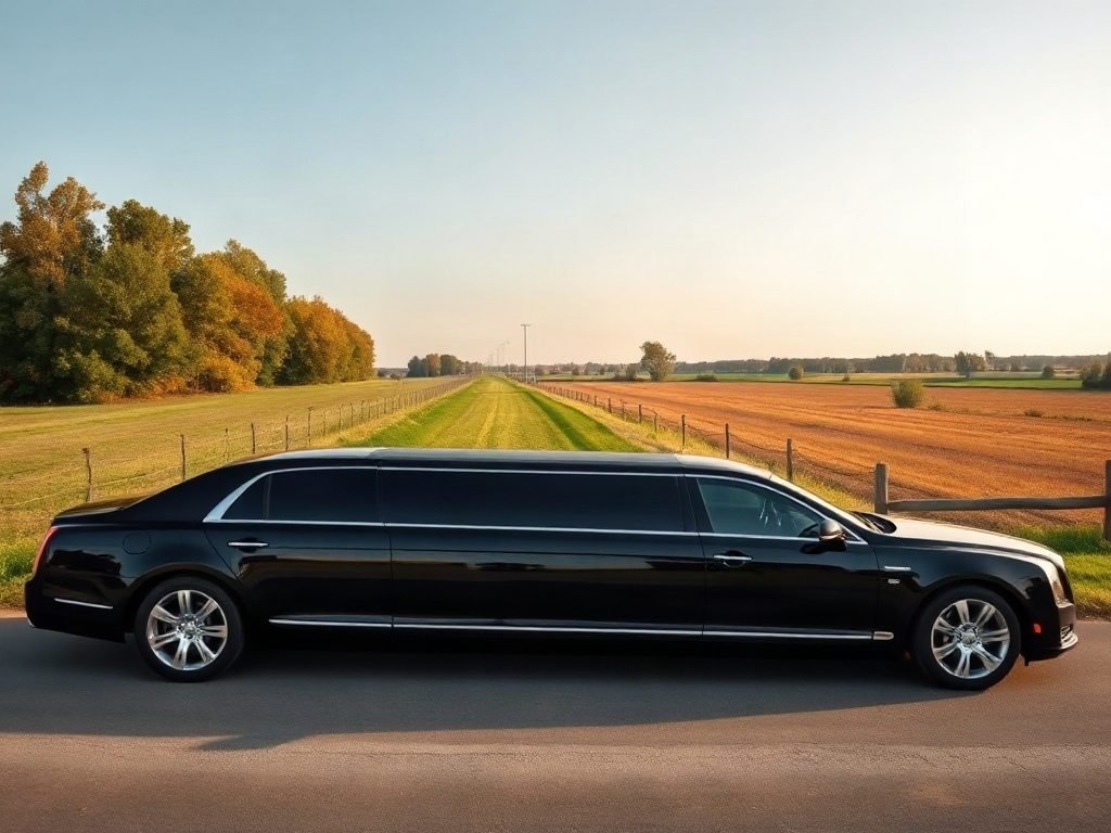Black stretch limousine on a country lane beside farm fields near Waterdown