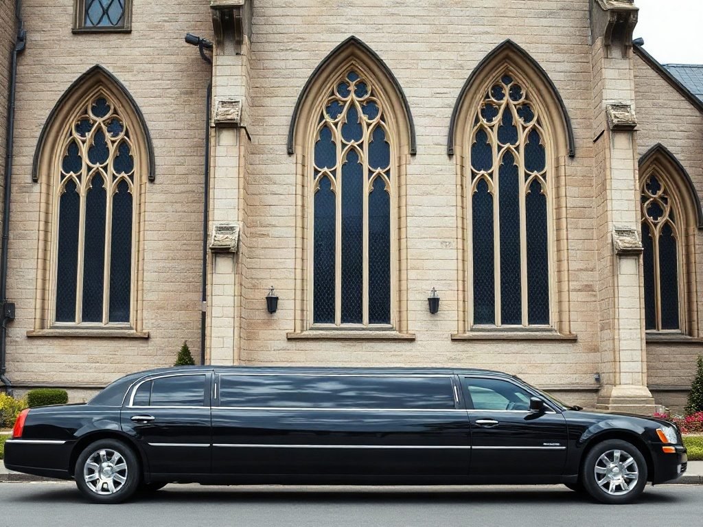 Black stretch limousine parked outside a stone chapel for a wedding near Waterdown, Ontario