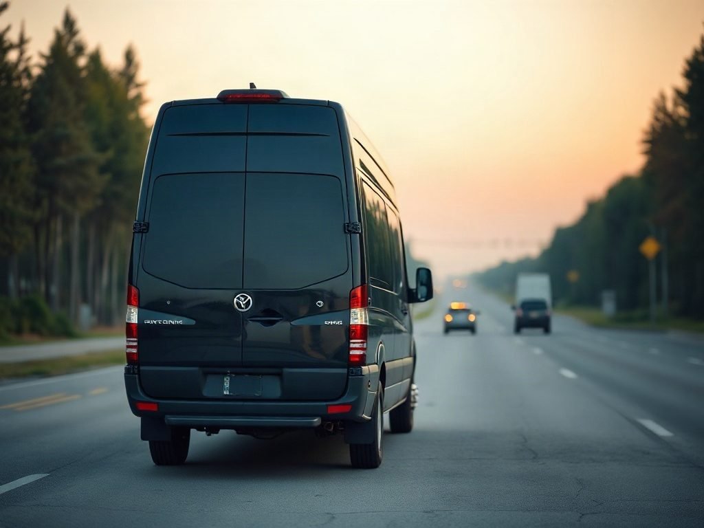 A black Mercedes Sprinter van parked at a hotel entrance with luggage in Waterdown.