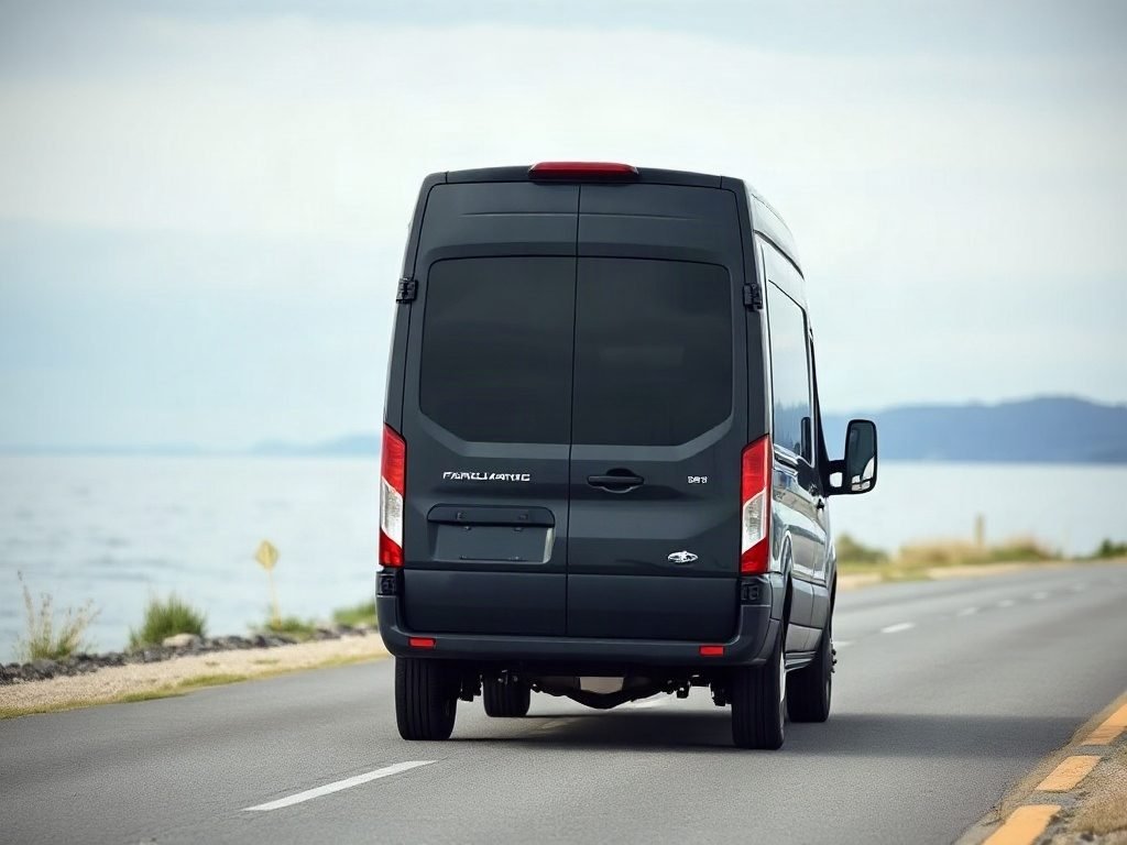 A black Mercedes Sprinter van at Hamilton International Airport kerb with grouped travel luggage.