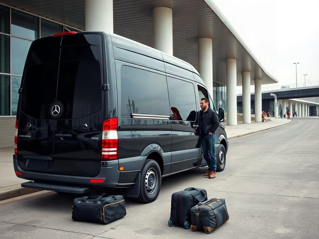 A black Mercedes Sprinter van at the Pearson Airport terminal kerb with passenger luggage.