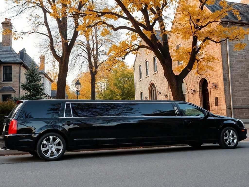 Black stretch limousine on an autumn village street in Waterdown, ready for a wedding
