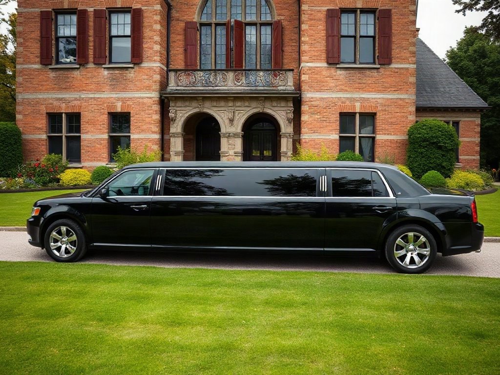 Black stretch limousine waiting at a brick estate wedding venue near Waterdown