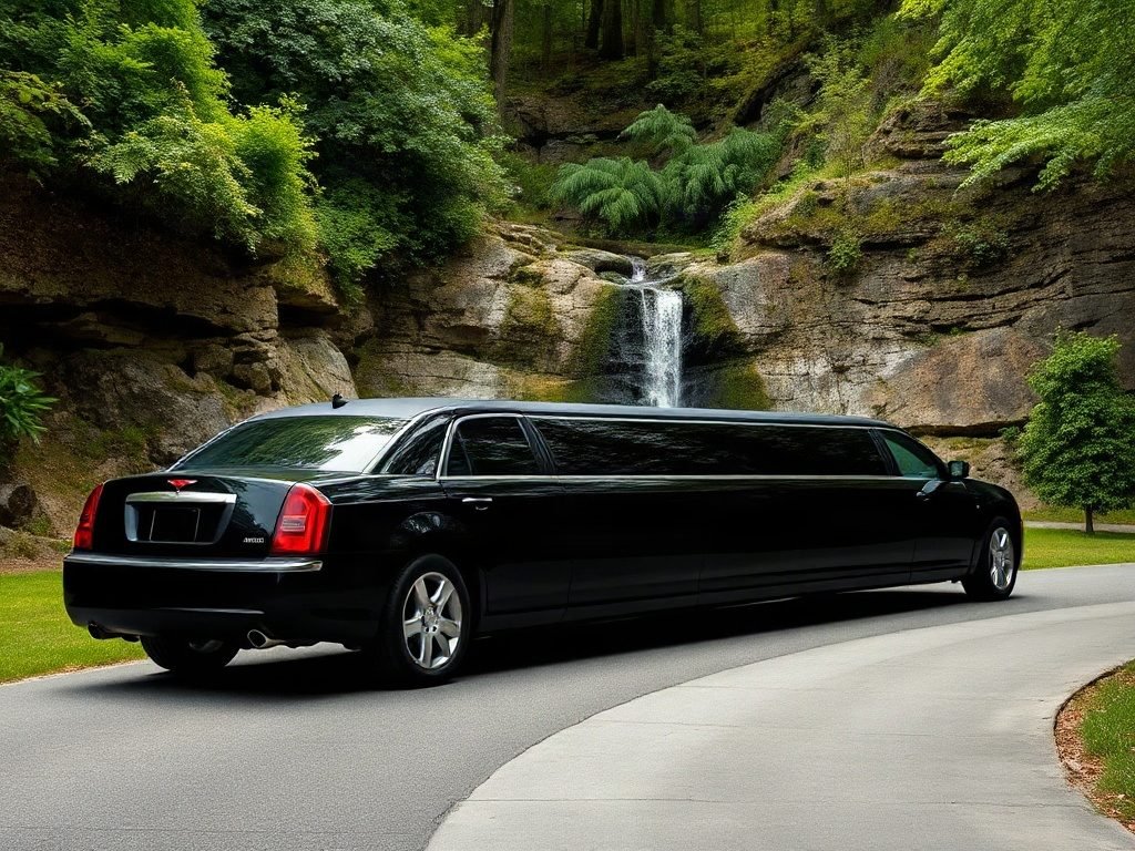 A black stretch limousine parked near a single Smoky Hollow Waterfall for wedding photos