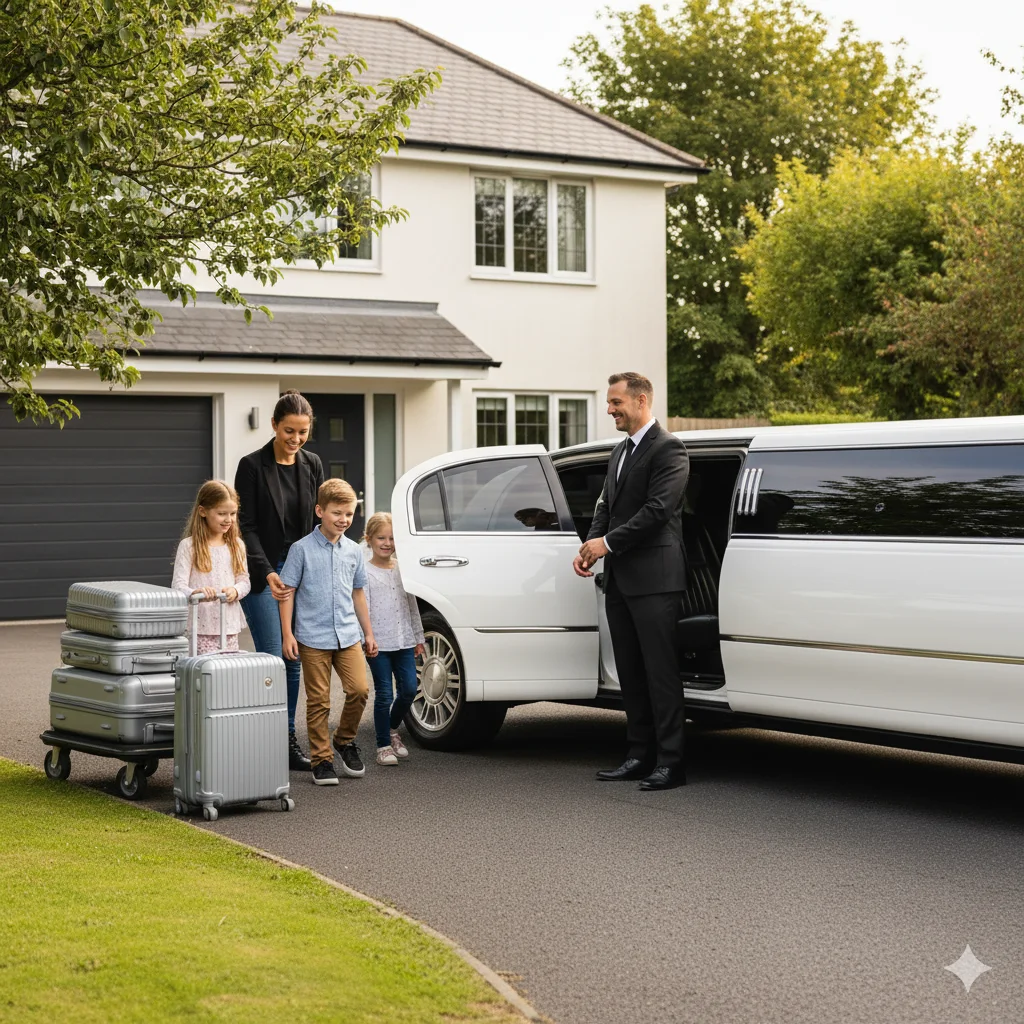 Family boarding Stretch Limo in Alvanley for airport transfer with chauffeur assistance.