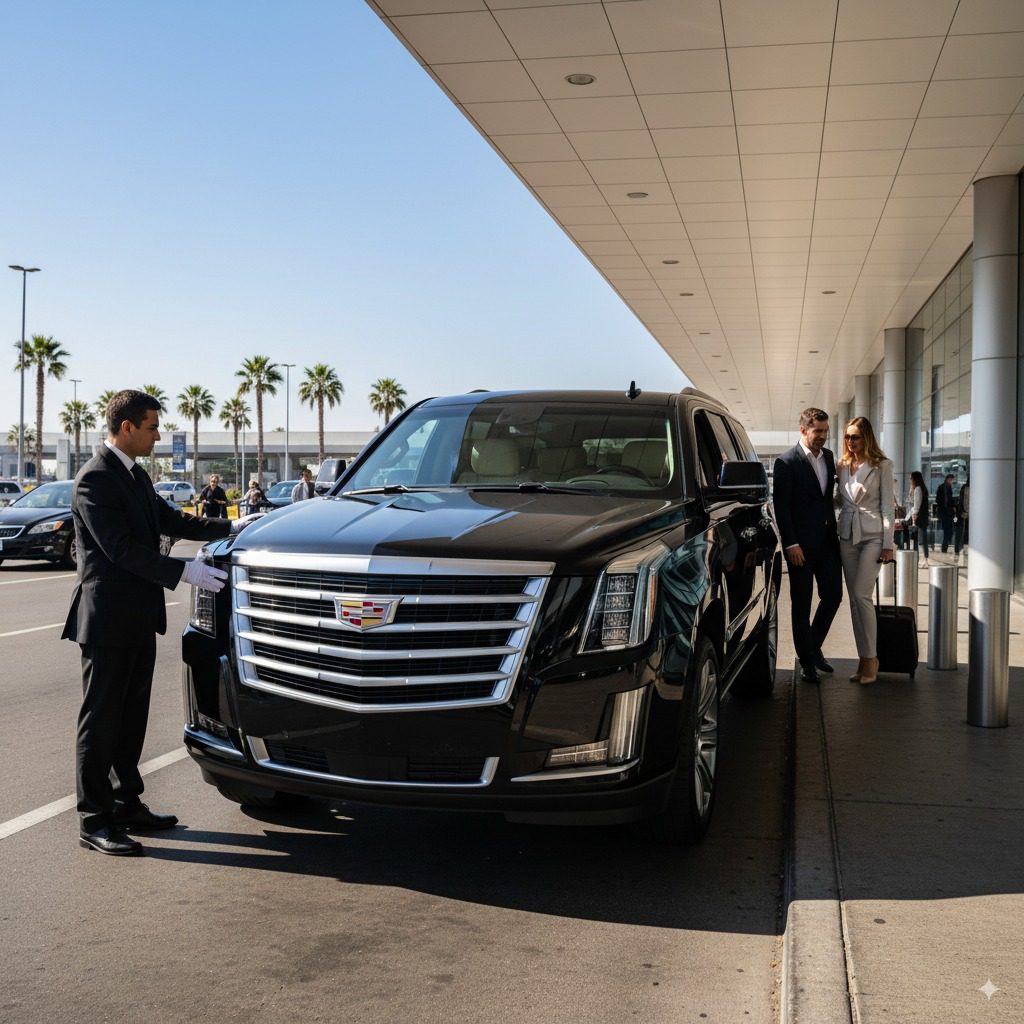 Arthur Airport Limo 2 sleek black Cadellic esclade SUV parked outside a modern Arthur airport terminal