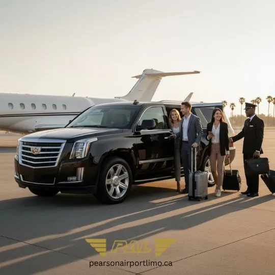 black Cadillac Escalade SUV parked on an airport tarmac at sunset, ready to provide a premium Airport Limo Service Berkeley experience. The luxury SUV is used for passenger and baggage transfers.