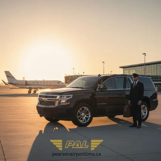 A black Chevrolet Suburban SUV parked on an airport tarmac at sunset, with a professional chauffeur holding a briefcase standing by the open passenger door. In the background, a private jet is visible near a modern airport building. This image showcases premium airport limo and shuttle service in Belleville , luxury airport transfers, and reliable chauffeur service