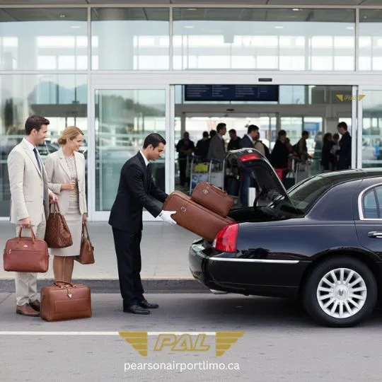 Airport limousine service in Baysville with Lincoln Town Car loading passenger luggage