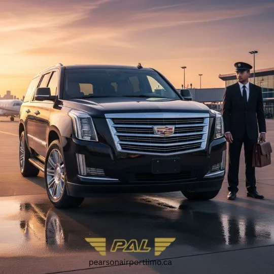 Black Cadillac Escalade SUV with chauffeur at sunset airport. Belleville Airport Limousine Service by Pearson Airport Limo.